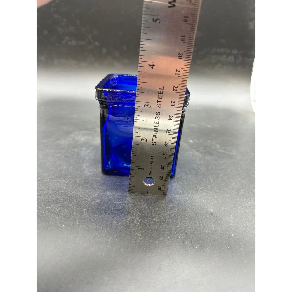 Cobalt Blue Glass Square Votive Candle Holder Textured Rim Decorative Mini Vase